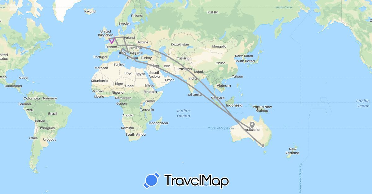 TravelMap itinerary: driving, plane, train in Australia, Belgium, Switzerland, Germany, France, United Kingdom, Greece, Croatia, Italy, Netherlands, Singapore (Asia, Europe, Oceania)